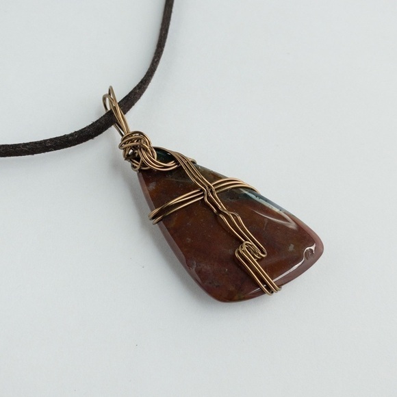 Large Agate Stone Pendant Necklace Copper Wire Wrap Natural Semi Precious NWT - Picture 2 of 12